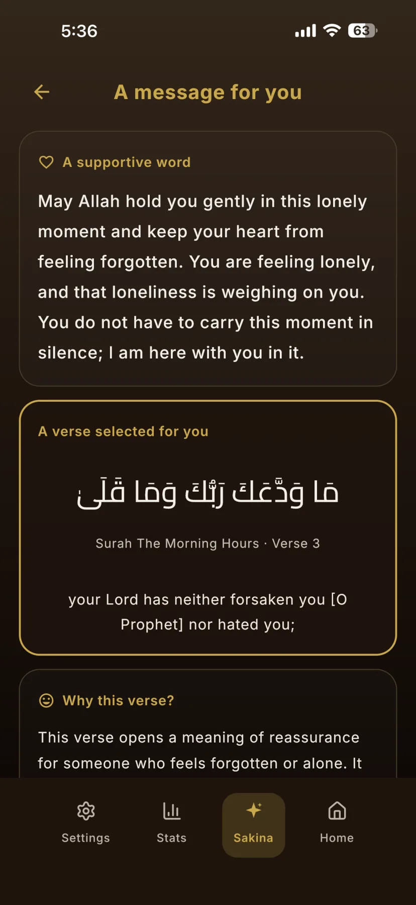 Sakina result screen showing a supportive reflection and a relevant Qur’anic verse