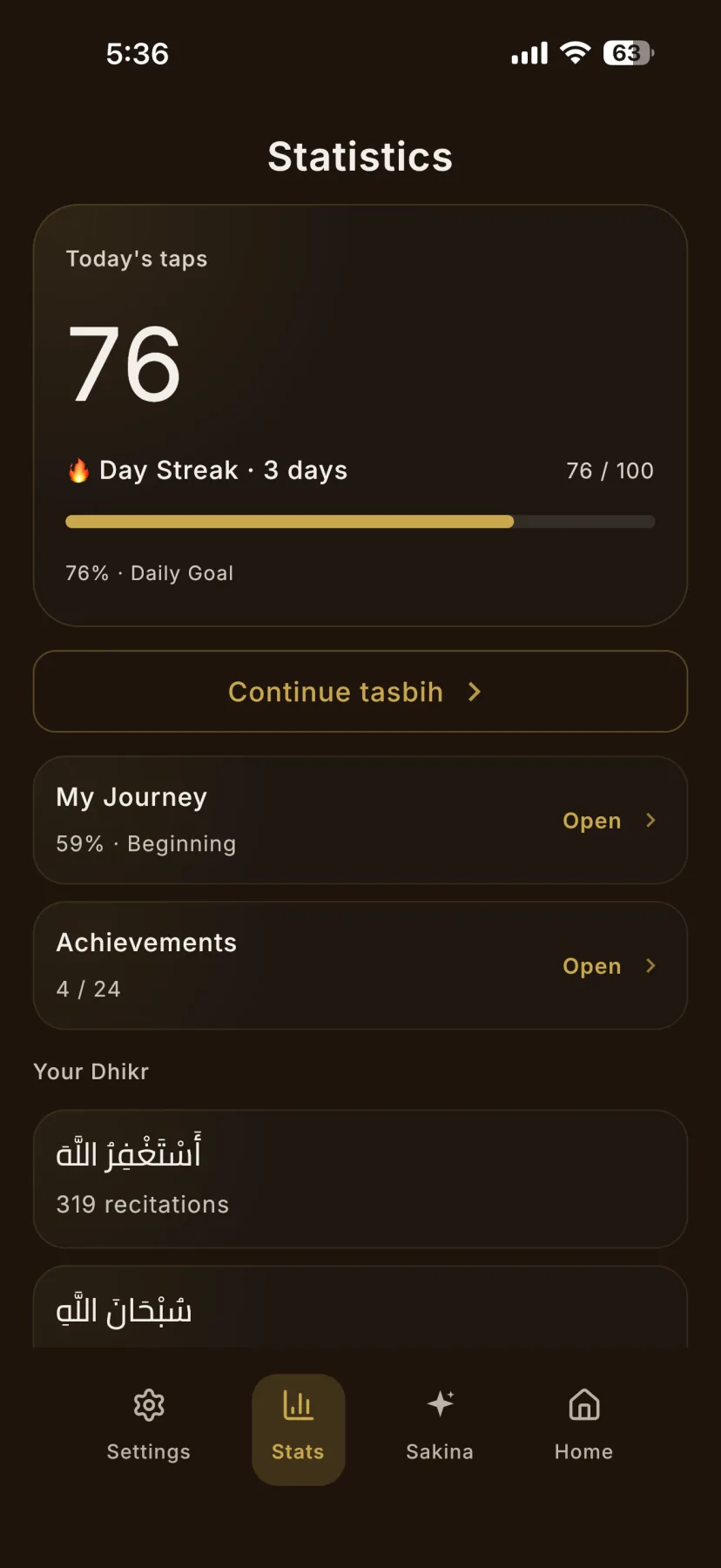 Misbaha statistics screen showing today’s taps, streak, daily goal, Journey, and per-Dhikr totals